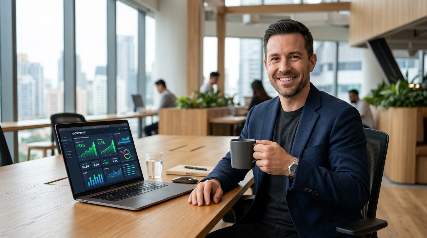 Hombre de negocios sonriendo con taza de café y dashboard de ventas positivas en su ordenador